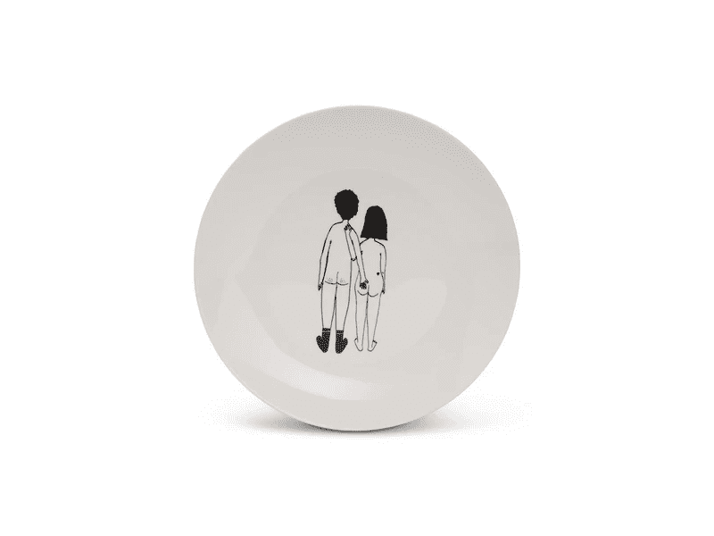 The Helen B Plates - KÕIK is a white ceramic plate featuring a minimalist black line drawing of a standing couple holding hands, viewed from behind—an ideal addition to your Tallinn shopping finds. Gate21.ee