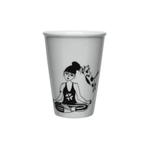 The Zen with Cats Cup is a white ceramic mug featuring a black and white illustration of a woman in a yoga pose with a cat behind her&mdash;a charming Estonian design, ideal for Tallinn shopping or unique concept shop finds. Gate21.ee