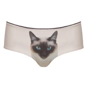 Siamese Cat Knickers: Beige women’s underwear with a blue-eyed Siamese cat face at the centre, inspired by Estonian design. A distinctive addition for concept shops or gift shops. Gate21.ee