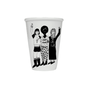 Our "Equal Rights" white cup showcases a black-and-white illustration of three women, each raising a fist. Their shirts read “Women’s Rights” and “GRL PWR”—a curated design representing diversity and unity. Gate21.ee