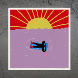 Miami Forever - Giclée: A vibrant artwork showing a person floating on a black circular float in purple water under a radiant sun and red sky—perfect for sparking creativity or adding flair to Tallinn concept shops. Gate21.ee