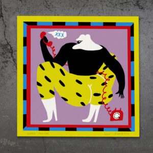 Romeo Calling - Giclée" features an abstract figure in yellow spotted trousers, black top, and white feet holding a red phone receiver with “XXX” in a speech bubble—a vibrant artwork ideal for modern gift shops or concept stores. Gate21.ee