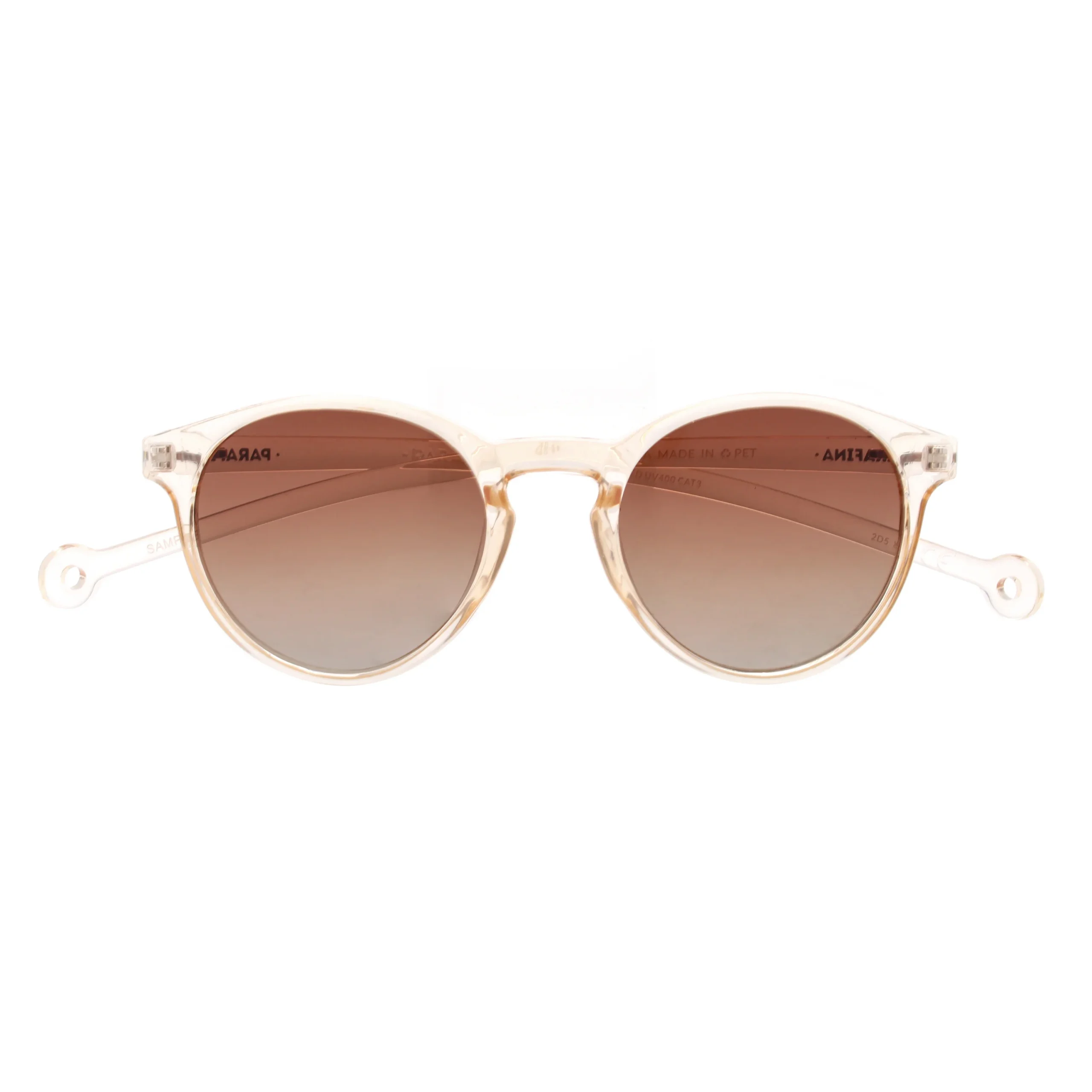 A pair of "Isla" Transparent Nude Sunglasses with round, translucent beige frames and brown gradient lenses, displayed facing forwards on a white background. Gate21.ee