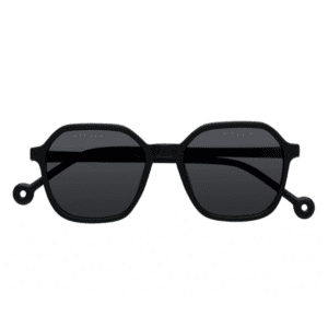The "Valle" Black Sunglasses feature a geometric frame, dark tinted lenses, and distinctive looped arm ends—an eye-catching accessory from Tallinn shopping, styled against a white background for those seeking something unique. Gate21.ee