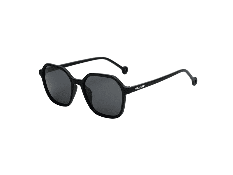 The "Valle" Black Sunglasses feature rounded rectangular frames, dark lenses, and thin curved arms with Parafina's name in white on the left arm—a modern accessory inspired by concept shop designs. Gate21.ee
