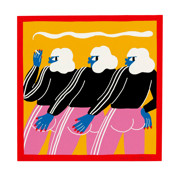 Besties - FRAMED: Features three identical stylised figures with white hair, blue faces and hands, black tops, and pink trousers on a yellow background with a red border. A white wavy line above them symbolises curated and unique ideas. Gate21.ee