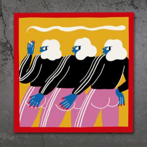 Besties – Giclée features three identical figures in black tops, pink trousers, blue hands, white hair, and red nails, facing left on a yellow background with a red border—a vibrant nod to Tallinn shopping and gift shop styles. Gate21.ee