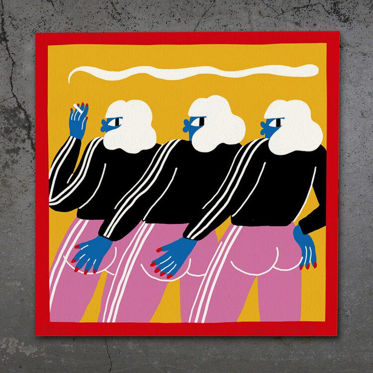 Besties – Giclée features three identical figures in black tops, pink trousers, blue hands, white hair, and red nails, facing left on a yellow background with a red border—a vibrant nod to Tallinn shopping and gift shop styles. Gate21.ee
