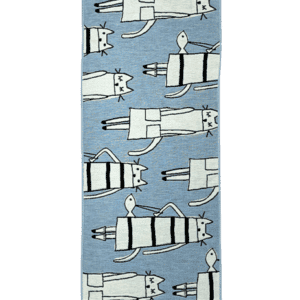 Cat in New York - KÕIK is a rectangular blue mat with a repeated pattern of vertically aligned white cartoon cats with black outlines, both striped and solid. A playful, unique choice for gift shops or concept stores. Gate21.ee
