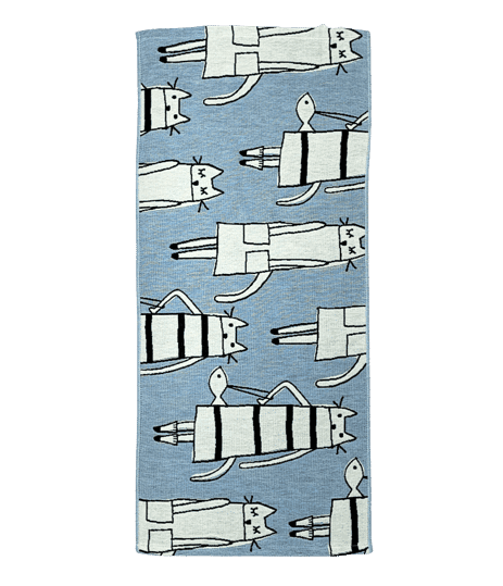 Cat in New York - KÕIK is a rectangular blue mat with a repeated pattern of vertically aligned white cartoon cats with black outlines, both striped and solid. A playful, unique choice for gift shops or concept stores. Gate21.ee