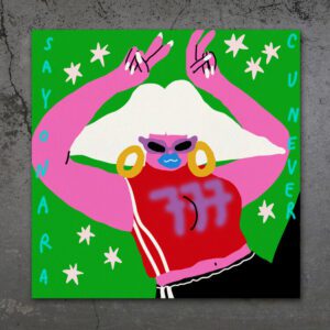 A vibrant giclée print, "Sayonara", features a pink-skinned figure with white hair, gold hoops, and a red “777” top, posing against a starry green backdrop—showcasing the curated style of an Estonian design concept shop. Gate21.ee