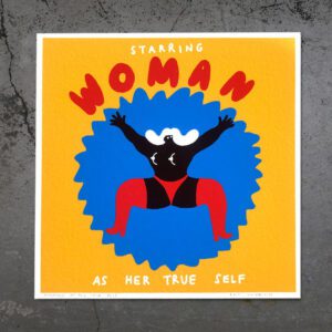 A bold graphic illustration, "Woman as her True Self - Giclée," features a stylised woman—black skin, white hair, red underwear and boots—arms raised on a yellow and blue background, celebrating Estonian design and Tallinn shopping culture. Gate21.ee