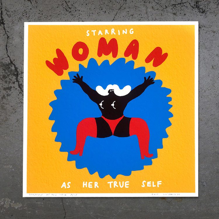 A bold graphic illustration, "Woman as her True Self - Giclée," features a stylised woman—black skin, white hair, red underwear and boots—arms raised on a yellow and blue background, celebrating Estonian design and Tallinn shopping culture. Gate21.ee