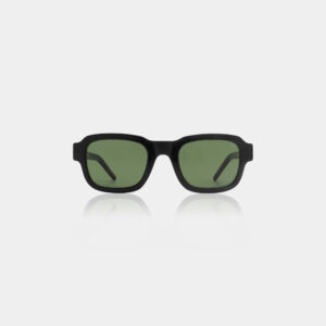 The HALO - Black sunglasses, featuring a rectangular shape and green tinted lenses inspired by Estonian design, are displayed front-facing on a plain white background with slightly visible arms. Gate21.ee