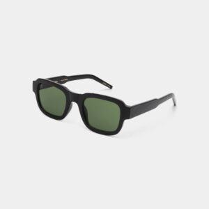 The HALO - Black sunglasses feature a rectangular design with green tinted lenses, inspired by Estonian aesthetics, shown against a plain white background. Gate21.ee