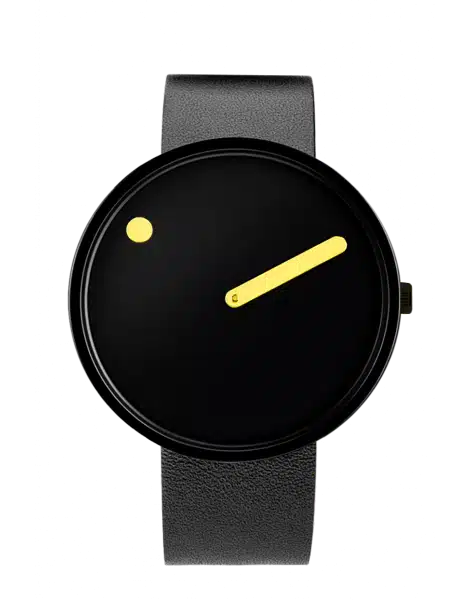 The Black / Yellow / 40mm is a minimalist wristwatch with a black face, black leather strap, bold yellow hand, and a yellow dot at 12 o’clock—a modern standout for those seeking unique style. Gate21.ee