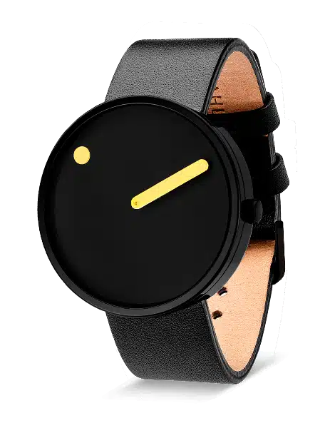 The Black / Yellow / 40mm is a minimalist Estonian-designed wristwatch with a black face, yellow hour dot, yellow minute bar, and a black leather strap—an ideal curated gift shop piece. Gate21.ee