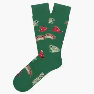 The Frogs - Regular sock features green fabric with red and green frog patterns and “JIMMY LION” near the toe—an eye-catching choice for unique Tallinn shopping or a special gift shop find. Gate21.ee