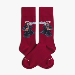 Pair of red Harry Potter The Boy - Regular socks by Jimmy Lion, featuring an illustration of a person in a black robe holding a white owl, with “JIMMY” and “LION” text on the toes. Gate21.ee