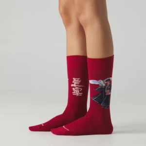 A person wears red Harry Potter The Boy - Regular Jimmy Lion socks, which display the text “Harry Potter” on one side and an illustration of two characters in formal attire on the other; the background is plain and light-coloured. Gate21.ee