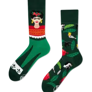 A pair of green socks from our curated gift shop; one features an illustrated woman with red flowers and earrings, the other displays animals and leaves in vibrant colours on a dark green background—perfect for those seeking unique ideas. Gate21.ee