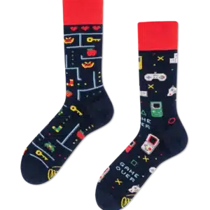 A pair of navy socks with red cuffs featuring colourful retro video game graphics, including pixelated characters, hearts, keys, controllers, coins, and the phrase GAME OVER—an Estonian design from our concept shop. Gate21.ee