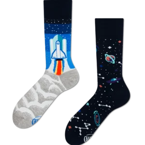 Two mismatched socks; one features a space shuttle launching with smoke and blue sky, the other displays a pattern of planets, stars, and constellations&mdash;curated in our gift shop for those seeking unique ideas. Gate21.ee