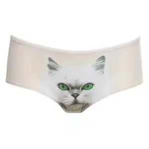 Green Eye Knickers: Beige women’s underwear with a striking white cat face and bright green eyes—an Estonian-designed, whimsical Tallinn shopping pick. Gate21.ee