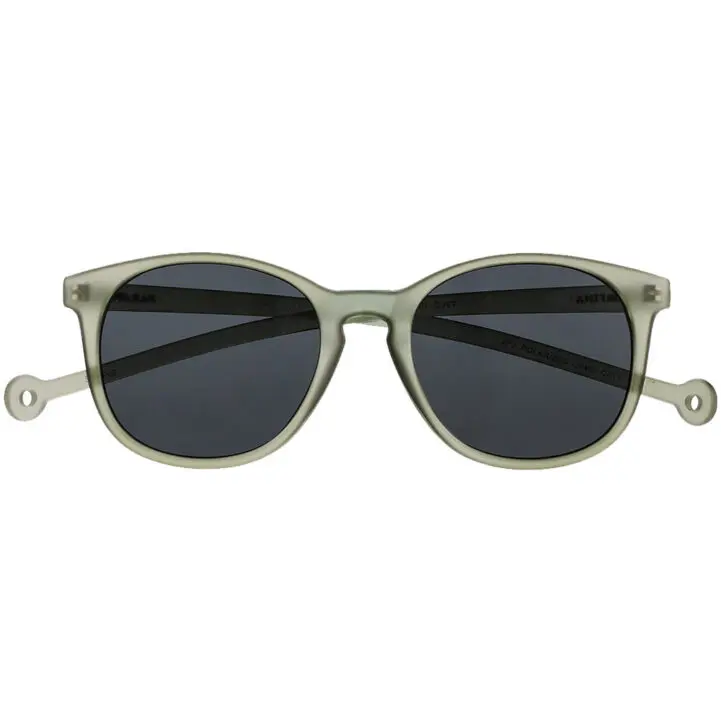 The "Arroyo" Moss Sunglasses feature round matte light grey frames and black lenses, displayed front-facing with arms extended—a sleek showcase of Estonian design and originality. Gate21.ee