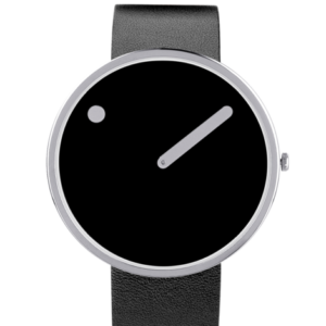 The Black / Black / 40mm wristwatch features a minimalist black face, single grey hand, dot detail, silver case, and black leather strap—an eye-catching choice for unique gift ideas whilst shopping in Tallinn. Gate21.ee