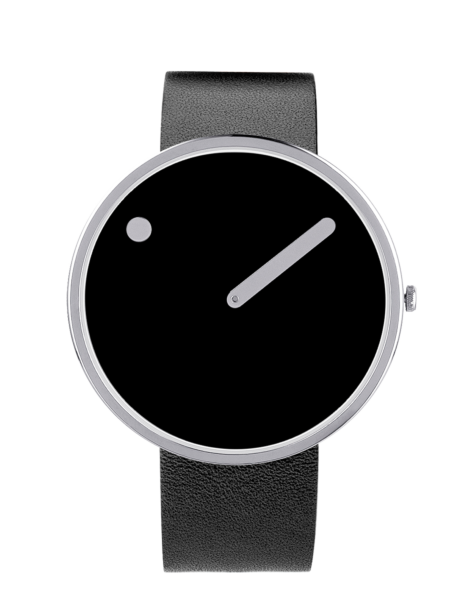 The Black / Black / 40mm wristwatch features a minimalist black face, single grey hand, dot detail, silver case, and black leather strap—an eye-catching choice for unique gift ideas whilst shopping in Tallinn. Gate21.ee