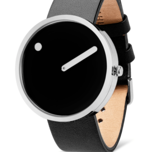 The Black / Black / 40mm is a minimalist wristwatch with a black strap, round silver case, and black face featuring one white hand and a small dot at 12—an Estonian-inspired piece ideal for any gift shop collection. Gate21.ee