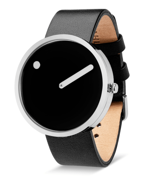 The Black / Black / 40mm is a minimalist wristwatch with a black strap, round silver case, and black face featuring one white hand and a small dot at 12—an Estonian-inspired piece ideal for any gift shop collection. Gate21.ee