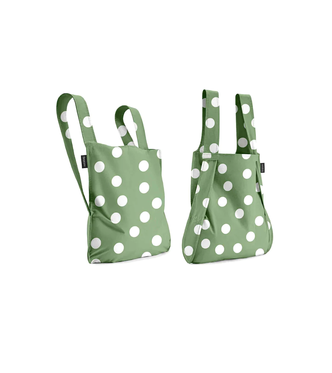 Two Olive Dots tote bags—green with white polka dots, rectangular shape, and dual shoulder straps—are shown from front and side angles, ideal for Tallinn shopping or finding unique gifts. Gate21.ee