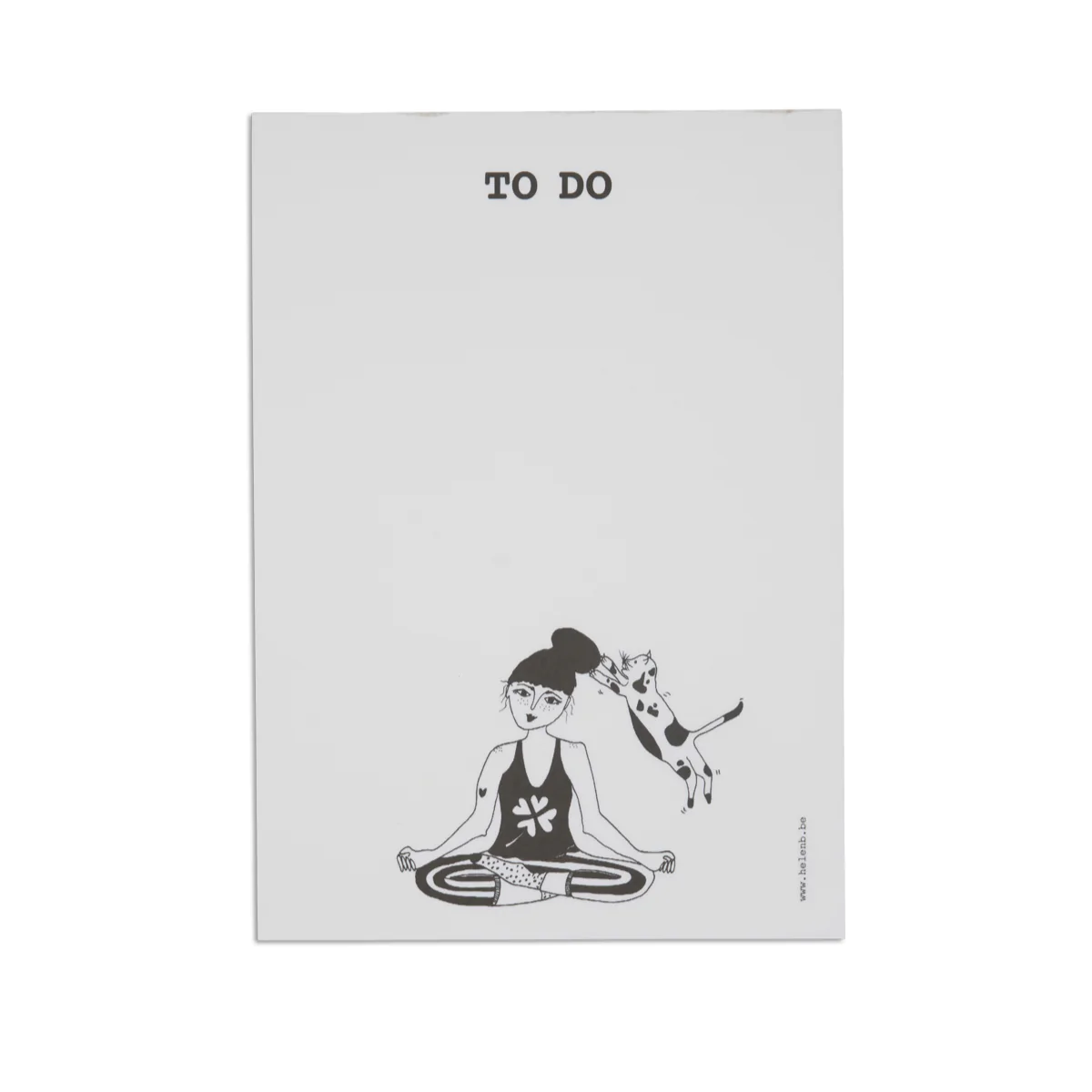 The Helen B Notepads - KÕIK feature “TO DO” at the top and a playful black and white illustration of a woman doing yoga with her cat—an ideal, unique find at your favourite Tallinn shopping concept store. Gate21.ee
