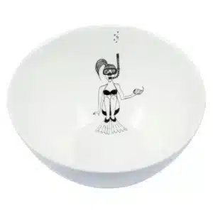 The Helen B bowls - KÕIK features a white bowl with a black line drawing of a mermaid in a snorkel mask holding a seashell—an ideal unique gift or addition to your Tallinn shopping list or concept shop assortment. Gate21.ee