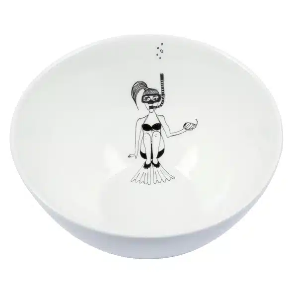 The Helen B bowls - KÕIK features a white bowl with a black line drawing of a mermaid in a snorkel mask holding a seashell—an ideal unique gift or addition to your Tallinn shopping list or concept shop assortment. Gate21.ee