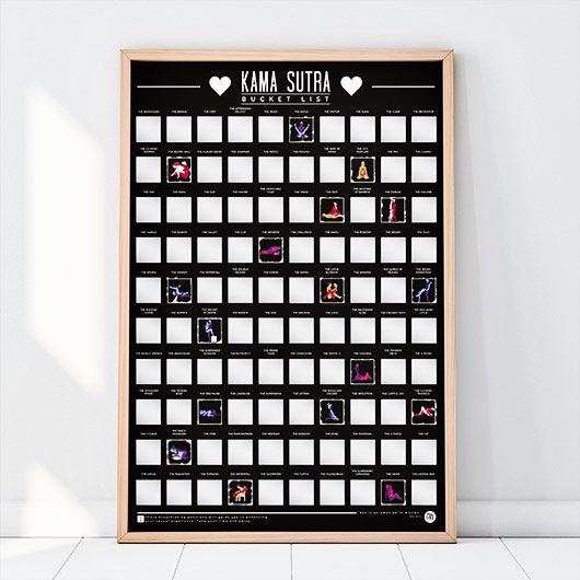 Kama Sutra - Bucket List is a framed poster with a grid of illustrated squares showing various couples’ positions, some hidden and some revealed—making it an ideal, unique gift shop item. Gate21.ee