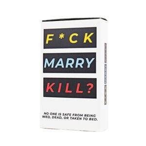 A playful card game in a white box boldly labelled "F'ck Marry Kill" in black, yellow, blue, and red—no one is safe from being wed, dead, or taken to bed. A unique gift idea for games night fun!. Gate21.ee