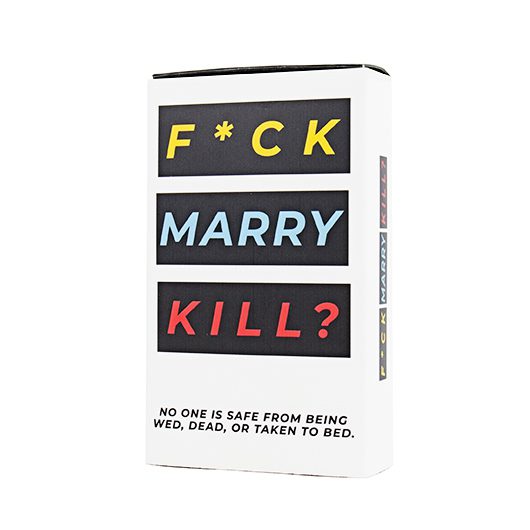 A playful card game in a white box boldly labelled "F'ck Marry Kill" in black, yellow, blue, and red—no one is safe from being wed, dead, or taken to bed. A unique gift idea for games night fun!. Gate21.ee