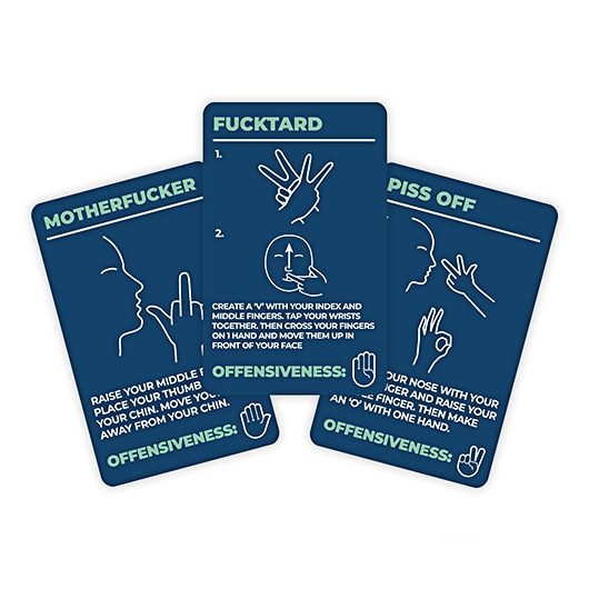 How to Swear in Sign Language - Card Game includes three blue cards with white line drawings and instructions for different offensive gestures. Each card names, describes, and rates the gesture’s offensiveness—ideal for a concept shop. Gate21.ee