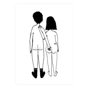 Couple A3 - Back: A minimalist black and white line drawing of two nude figures standing side by side from behind, one with curly hair and socks, hands gently resting on each other’s shoulder and hip. Gate21.ee