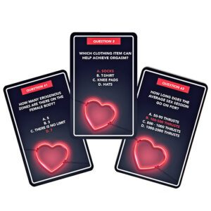 Sex IQ - Trivia Card Game displays three neon heart-adorned cards, each with a sex-related trivia question and multiple-choice options A-D—ideal for gift shops or unique concept stores seeking a stand-out product. Gate21.ee