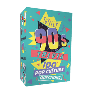 The Totally 90's - Trivia Card Game comes in a vibrant rectangular box with retro designs and 100 pop culture questions, making it a perfect gift shop find for fans of 1990s nostalgia. Gate21.ee