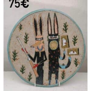 The KESK Taldrikud plate by Kauri Kallas features two stylised, masked long-eared animals&mdash;one with a rifle and one with a fish. This distinctive Estonian ceramic design is available for 75&euro; at our curated concept shop. Gate21.ee