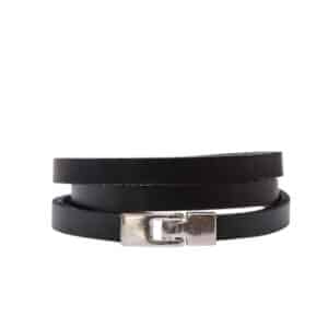 The ERER - Black Triple Wrap Bracelet features black leather and a rectangular silver clasp, coiled in a circle on a white background&mdash;a curated piece that showcases modern Estonian design. Gate21.ee
