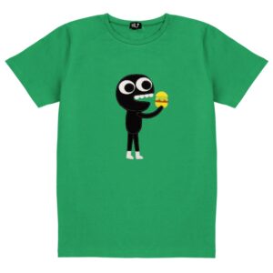 The Hamburger - T-shirt Green features a black cartoon figure with wide eyes and a big smile, holding a hamburger. With its unique Estonian design, this eye-catching tee is ideal for adding character to your gift shop or concept store. Gate21.ee