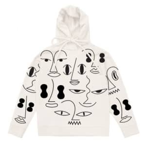 A white hoodie featuring abstract black line drawings of various faces and facial features on the front and sleeves, inspired by Estonian design&mdash;perfect for adding a unique touch to any concept shop or gift shop collection. Gate21.ee