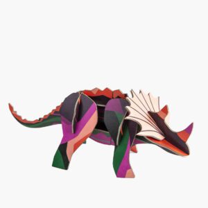 The Triceratops is a vibrant geometric model crafted from interlocking cardboard, featuring bold purple, green, orange, pink, and black patterns—an eye-catching piece perfect for concept shops or unique finds in Tallinn. Gate21.ee