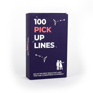 A dark blue box labelled "100 Pick Up Lines - Trivia Card Game" with white and pink text, bow and arrow graphics, and two illustrated figures—an Estonian-designed gift perfect for Tallinn shopping or gift shops. Gate21.ee